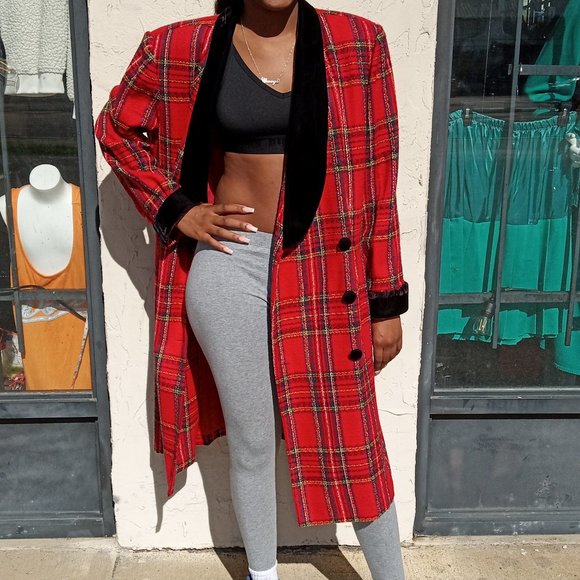 Vintage Black Velvet Trimmed Plaid Coat - Picture 7 of 10